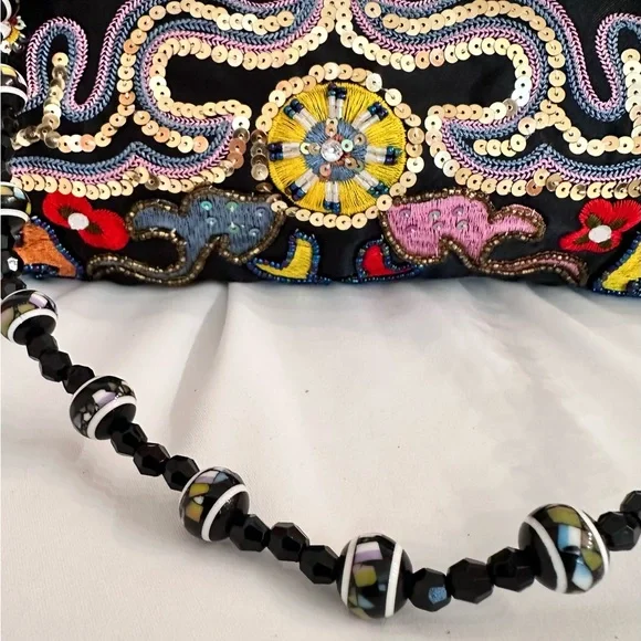 CHATEAU ~ Handmade Embroidered Sequined Black Satin Clutch with Beaded Strap - Picture 8 of 9